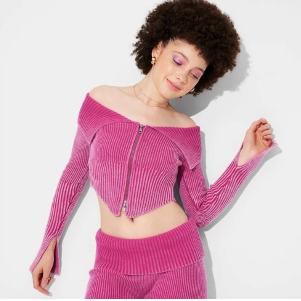 NWT Women Target Wild Fable Off Shoulder Ribbed Knit Cropped Cardigan Pink XS